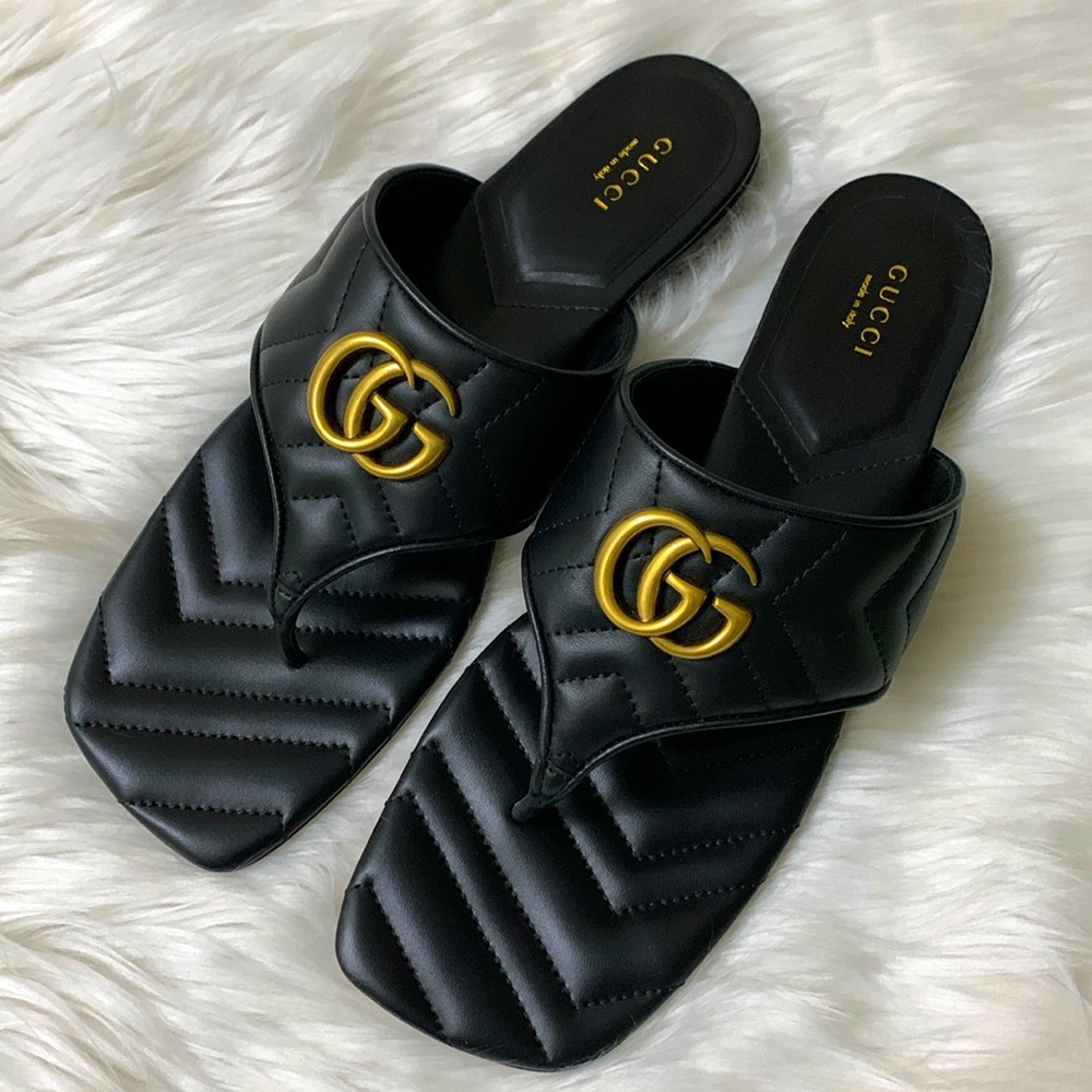 GUCCI Nappa Charlotte Double G Marmont Thong Sandals In Black Sz 41/11 NEW